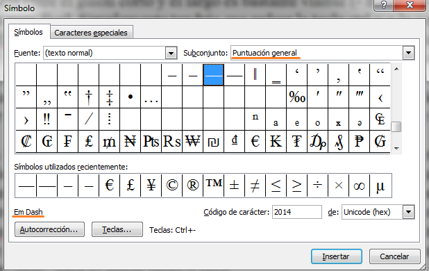 Símbolos de puntuación general en Word